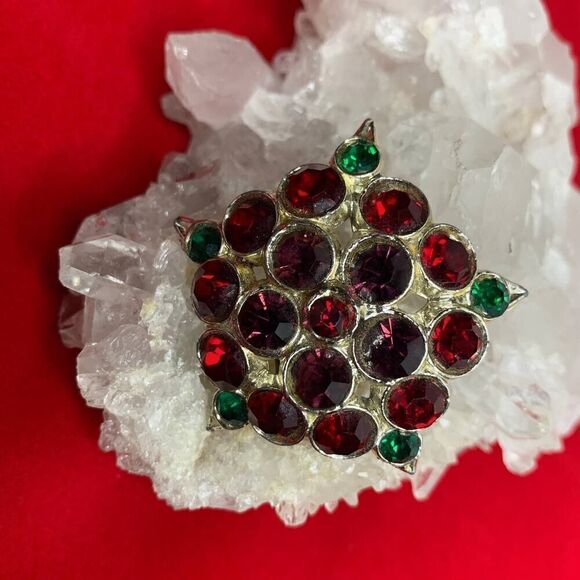 Rich Red, Purple, and Emerald Green Crystal brooch, Vintage - Picture 1 of 4
